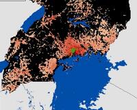 Mapa de risco da Raiva em Uganda publicado no estudo. Áreas em vermelho mais escuro representam alta densidade de cães não vacinados  e sendo assim maior risco para as comunidades que nelas vivem. 