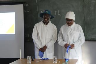 Learners at Kgadimo Secondary School  donned in PPE to participate in a science show. 