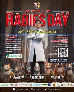 A promotional poster for World Rabies Day 2025 featuring bold red and yellow colors. The banner announces free rabies vaccination for dogs and cats on 28th September 2025 at PM Veterinary Clinic branches in MJC, Samarahan, and Sri Aman. A QR code for registration is included, along with sponsor and partner logos at the bottom.