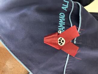 Our Ribbon bow with hamdmade paw sticker to represent “you me community “ that is working to end rabies 