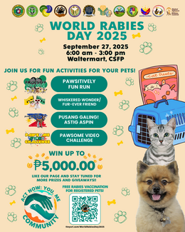 World Rabies Day will be commemorated with a community event featuring free rabies vaccination for pets and their owners to promote awareness and prevention of rabies transmission. The event includes a fun run to encourage healthy activity and community participation, a raffle with exciting prizes, and essential pet giveaways to support responsible pet care. This day is dedicated to protecting both human and animal health through education, vaccination, and engagement.