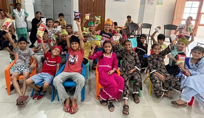 Children with snack giveaways