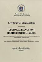 Certificate award for GARCs contribution to national rabies education Philippines 2017