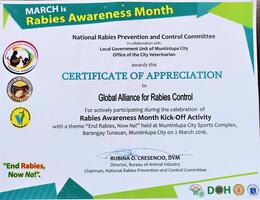 Certificate of recognition for GARC's participation in Rabies Awareness Month, 2016, Philippines